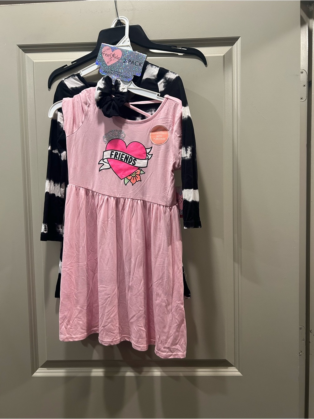 Freestyle Pink Heart 'Friends' Dress with Black & White Tie-Dye Top